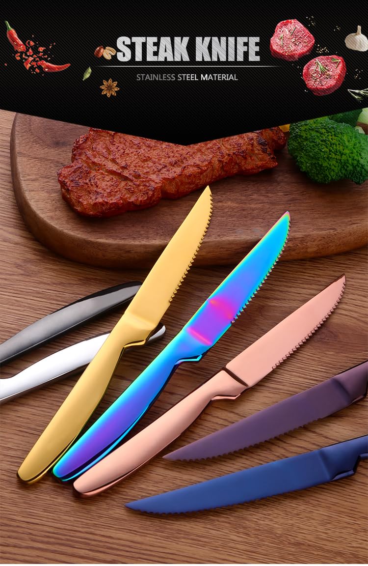 BISDARUN Steak Knife Set, 5 Piece Serrated Heavy Duty Stainless Steel Table Knife, One Piece Handle, Cuts Steak and Chicken, Bread (Rainbow Color)