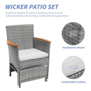 5 Piece Outdoor Patio Furniture Set with Table&Ottoman Outdoor Furniture Patio Set Bistro Wicker Patio Set of 2 Outside Lawn Chairs Conversation Sets for Porch Balcony Deck(Gray Wicker&Gray Cushion)