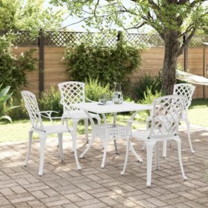 vidaXL White Cast Aluminum Patio Dining Set - Square Garden Table and Four Chairs with Umbrella Hole for Outdoor, Lawn, Backyard