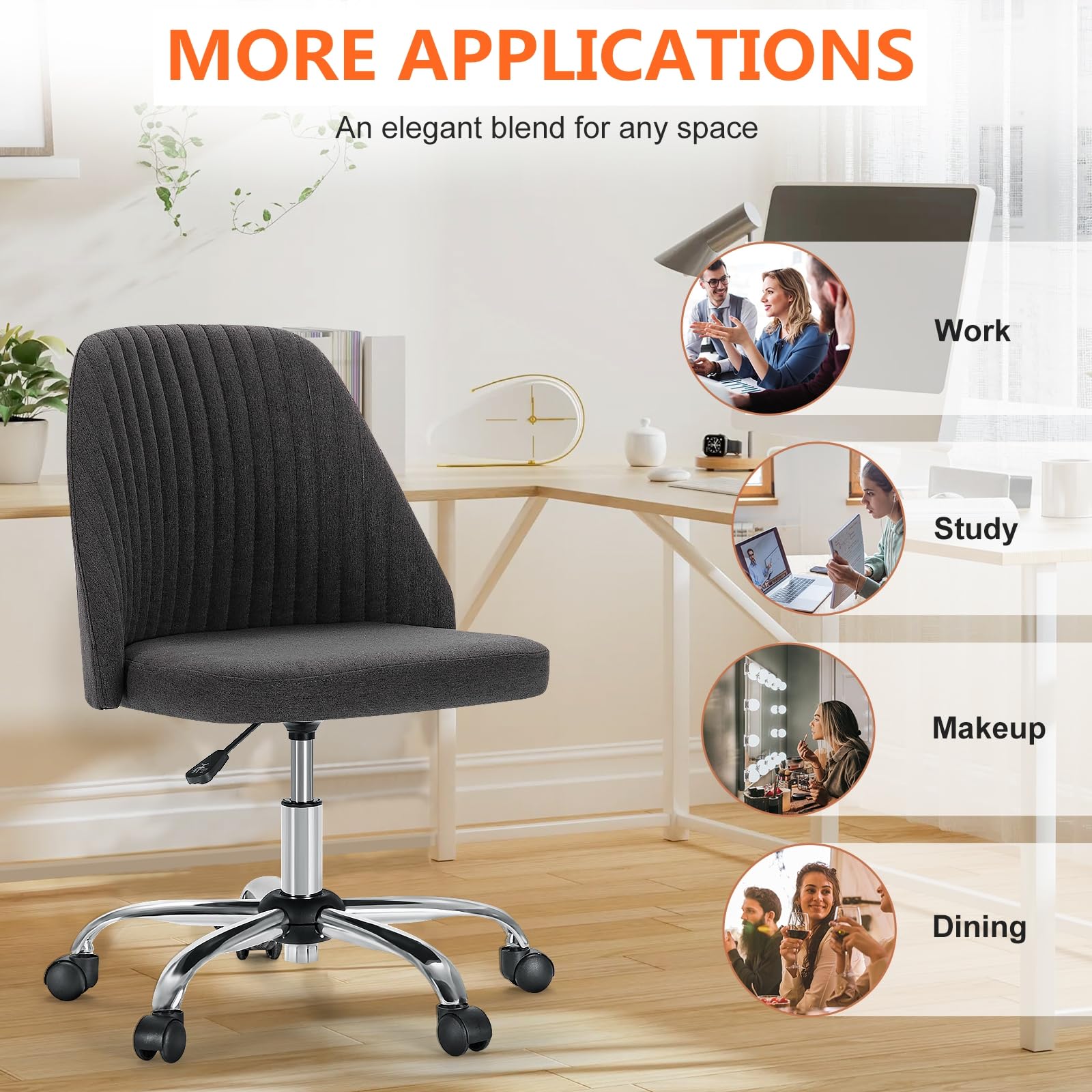 Joyfinity Armless Home Office Chair Cute Desk Chair, Modern Adjustable Swivel Padded Fabric Vanity Task Computer Chair for Small Spaces Home Office Desk Chairs with Wheels, Dark Grey