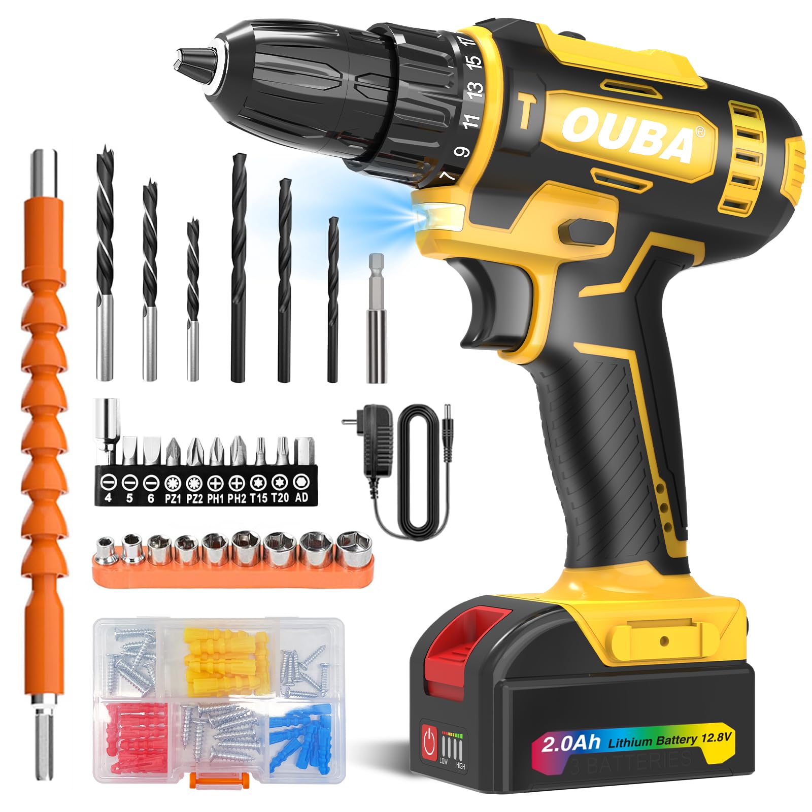 OUBA Cordless Drill Set, 12.8V Lithium Lon Power Drill Cordless with Battery and Charger, 2 Variable Speeds, 3/8" Keyless Chuck, 25+3 Torque Setting, Built-In LED, Electric Drills for Home (Yellow)