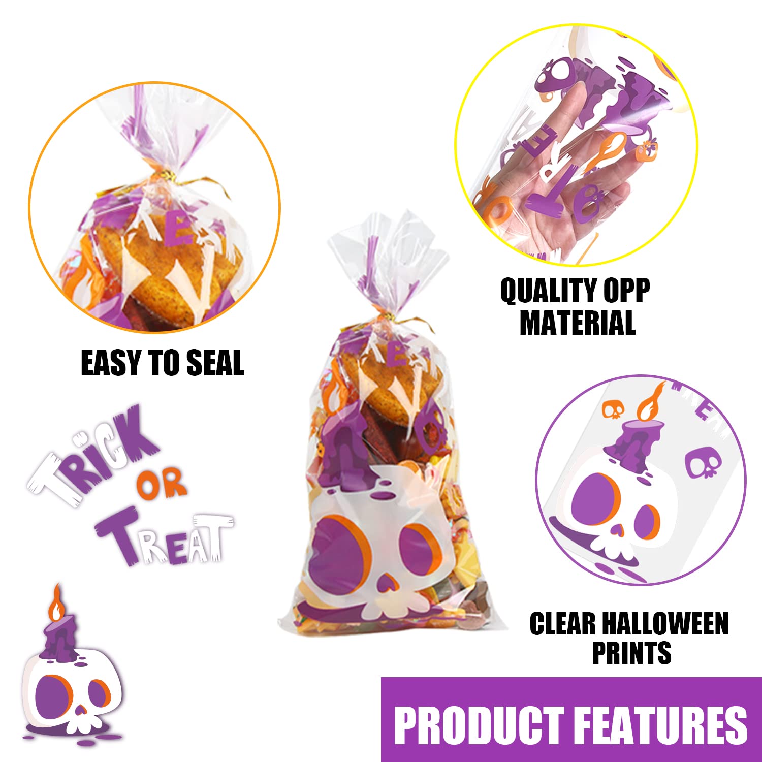 FOIMAS Halloween Cellophane Treat Bags,120pcs Halloween Cello Candy Treat Bags with Twisted Ties for Trick Or Treat Halloween Party Favor Supply