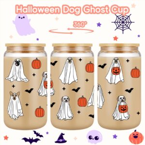 Coolife Funny Halloween Dog Ghost Cup, Cute Pumpkin Dog Iced Coffee Cup, 16oz Spooky Dog Tumbler Halloween Glass Cups w/Lids Straws, Boo Basket Stuffers, Halloween Gifts for Dog Lover, Dog Mom, Women