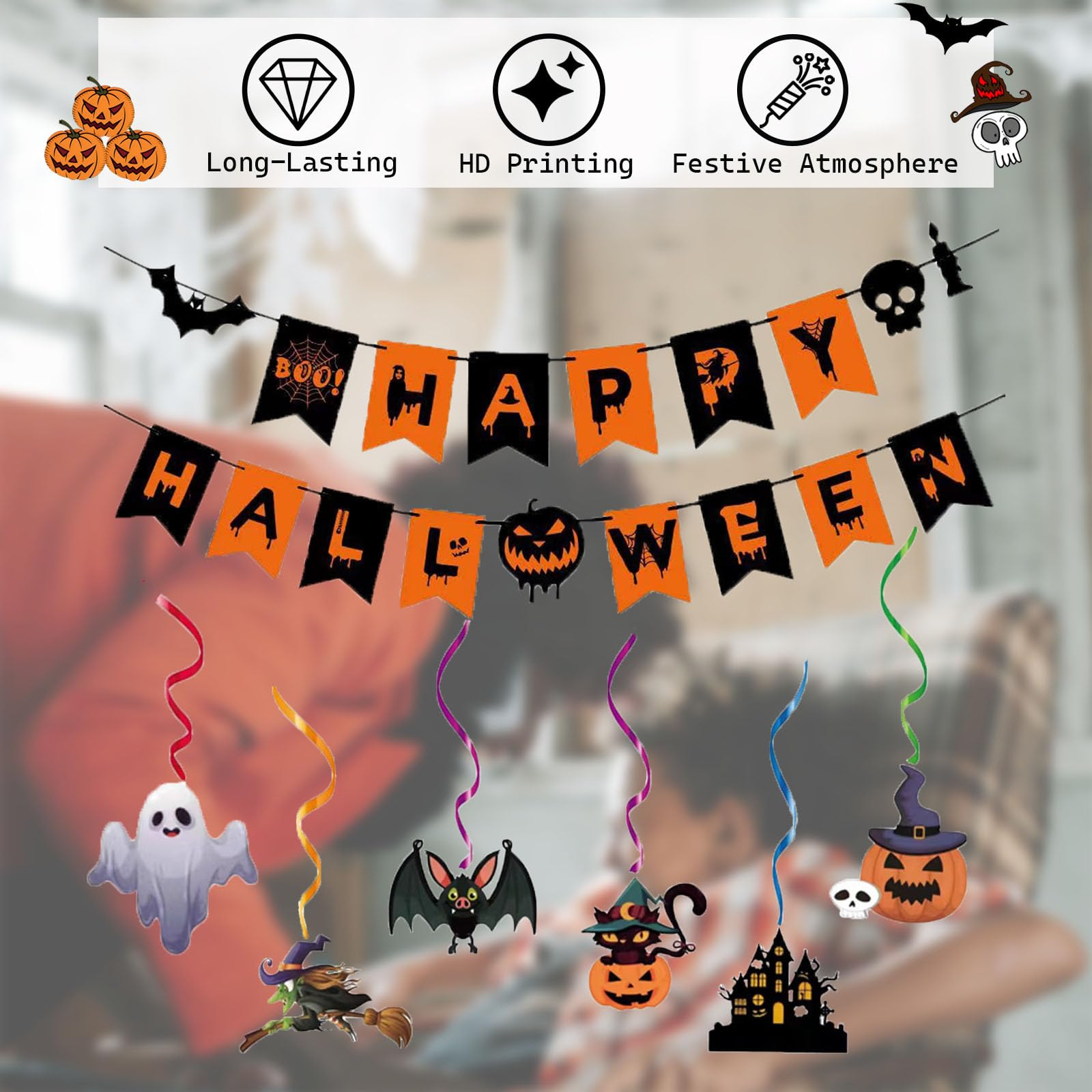 DWEARTY Happy Halloween Party Banner and 6 Hanging Decorations - Halloween Indoor Party Sign - Halloween Supplies for School, Home, and Office