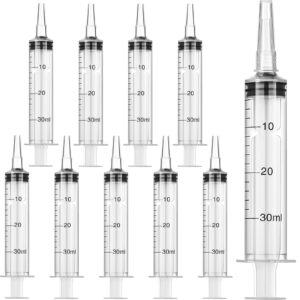 10 pack plastic syringe liquid measuring syringes without needle for epoxy resin, craft, scientific labs, feeding pets animals, oil or glue applicator (30 ml)