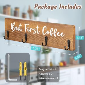 Bivvclaz Coffee Mug Holder Wall Mount, Wooden Coffee Cup Holder, But First Coffee Rustic Wood Wall Sign Decoration, Mug Hanger Organizer Shelf Rack, Farmhouse Kitchen Decor and Coffee Bar Accessories