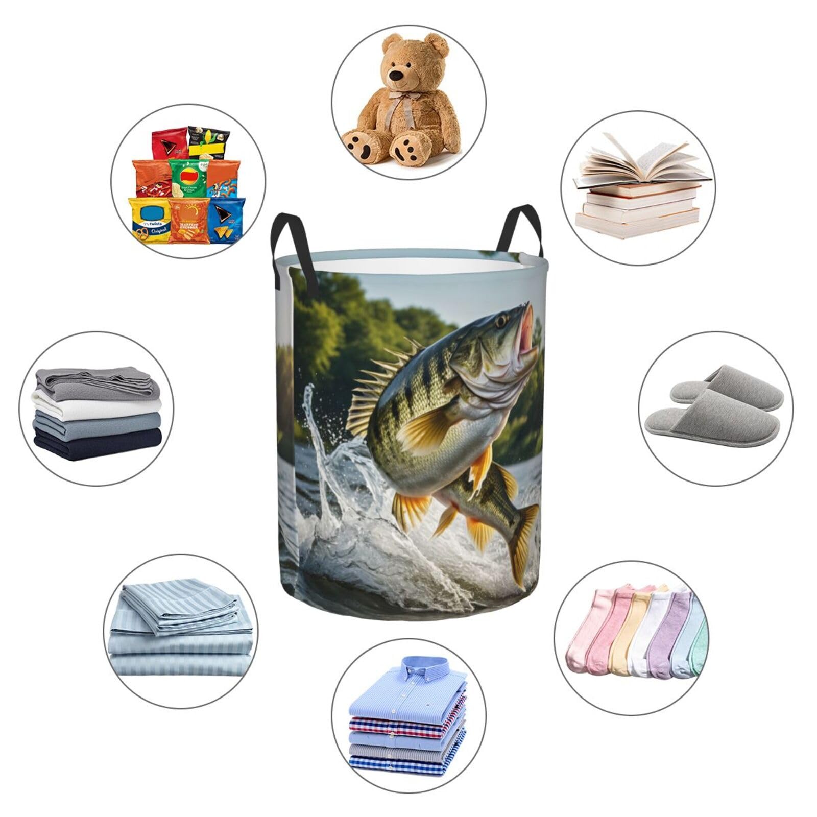 KIROJA Bass Fishing Wave Laundry Hamper,Portable Clothes Hampers,Storage Basket Toys Storage Organizer For Home Dorm, Small