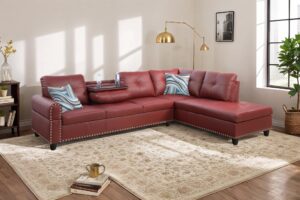 lopoo modern red l-shaped sectional couch, button tufted upholstered modular faux leather large sofas with chaise lounge, living room furniture sets w/foldable console and cup holders (red)