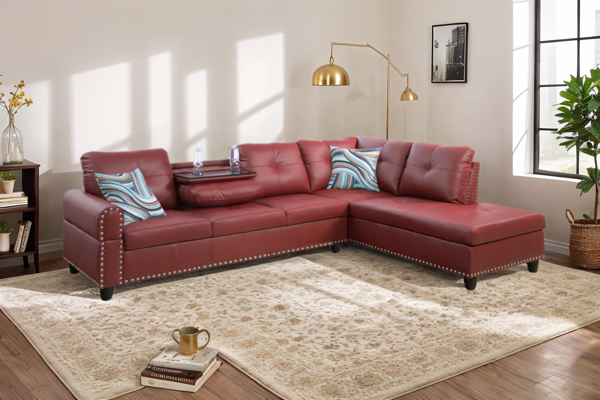 LOPOO Modern Red L-Shaped Sectional Couch, Button Tufted Upholstered Modular Faux Leather Large Sofas with Chaise Lounge, Living Room Furniture Sets w/Foldable Console and Cup Holders (Red)