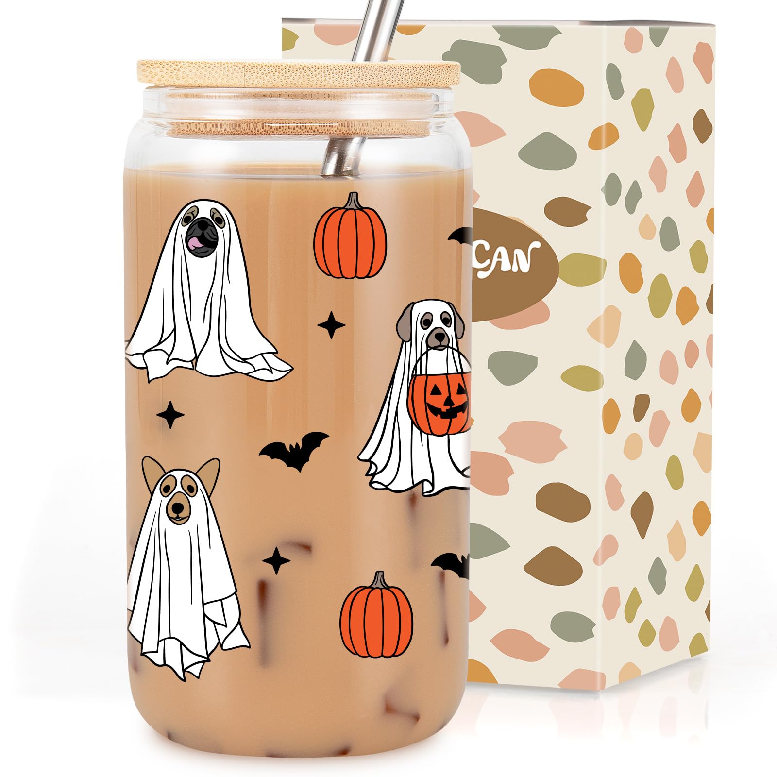 Coolife Funny Halloween Dog Ghost Cup, Cute Pumpkin Dog Iced Coffee Cup, 16oz Spooky Dog Tumbler Halloween Glass Cups w/Lids Straws, Boo Basket Stuffers, Halloween Gifts for Dog Lover, Dog Mom, Women