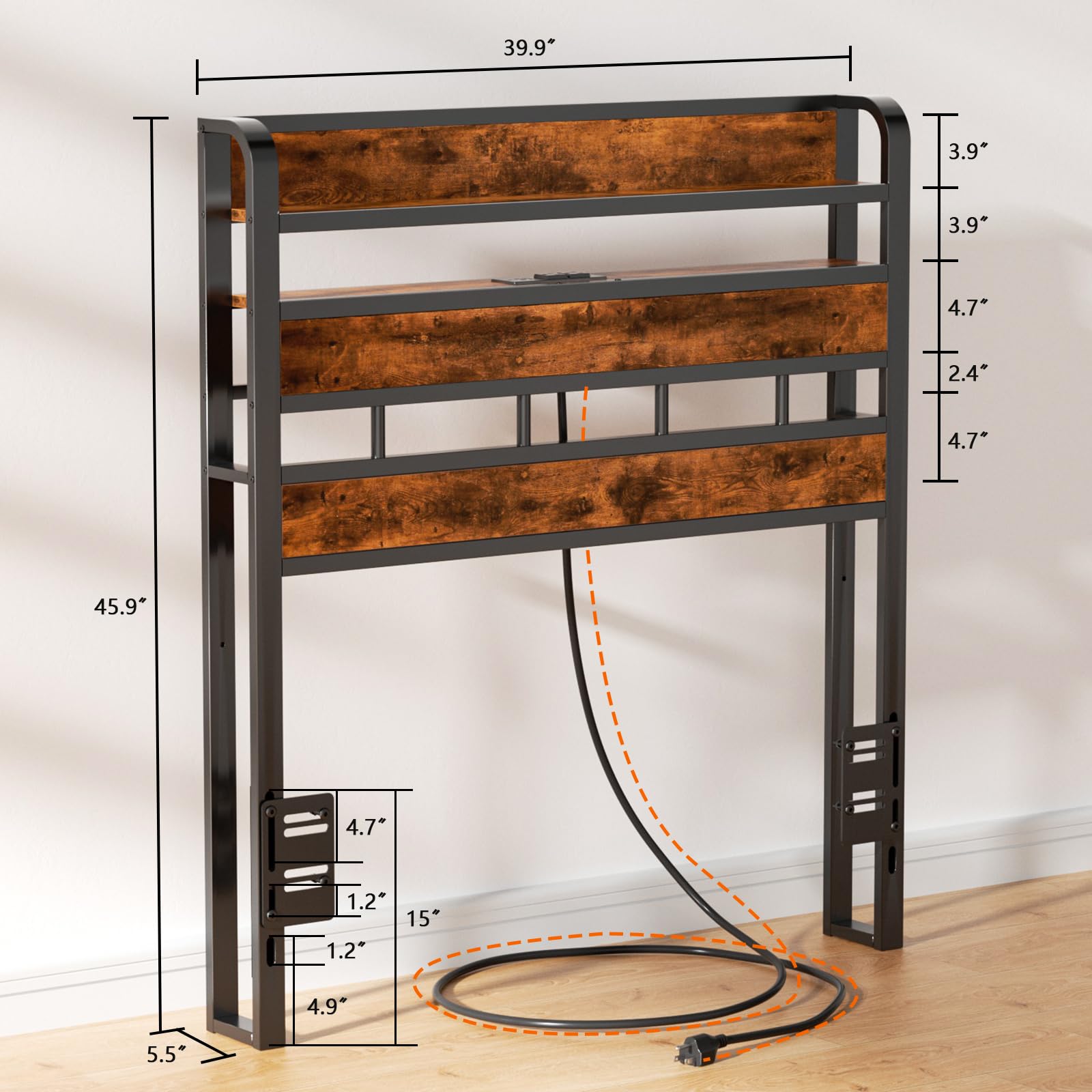 Furnulem Twin Size Headboard Only 2 Outlets 2 USB Ports Bed Headboards with Charging Station 2 Tier Storage Headboard Shelf for Dorm Bedroom Sturdy Adjustable RGB Light Headboards Rustic Brown