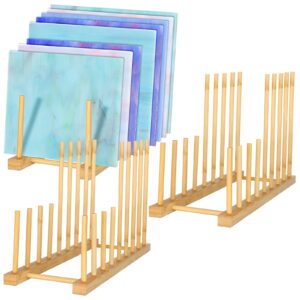 youdaju 3pack stained glass organizer bamboo dish plate rack wooden dish plate stand stained glass holder space saving bamboo drying rack baby bottle drying rack, 8 slots organizer