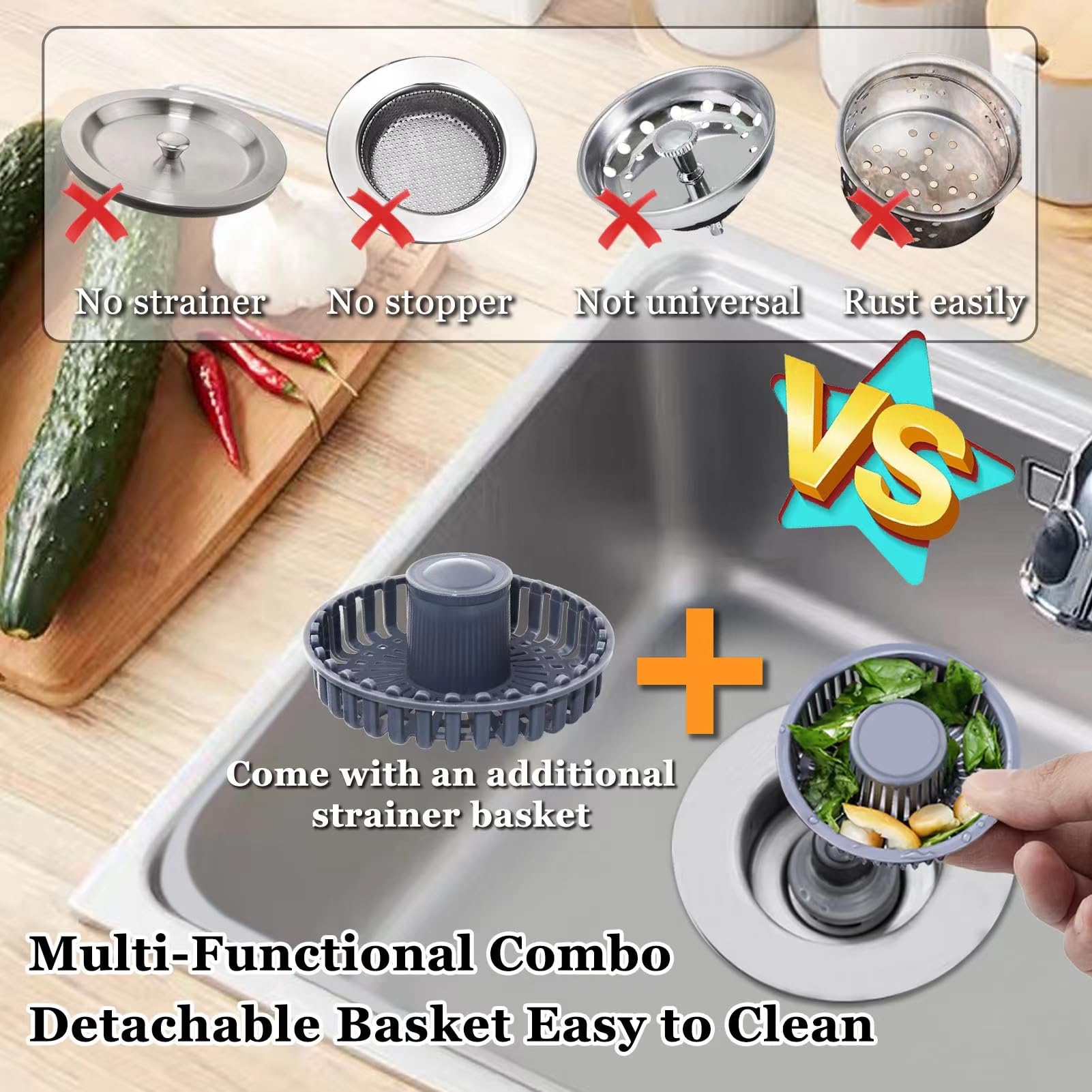 BAOLSLS 3 in 1 Kitchen Sink Stopper, Pop Up Kitchen Sink Drain Strainer, with An Extra Basket Strainer, Kitchen Sink Drain Stopper for US Standard 3-1/2 Inch, Brass Material Electroplate Silver