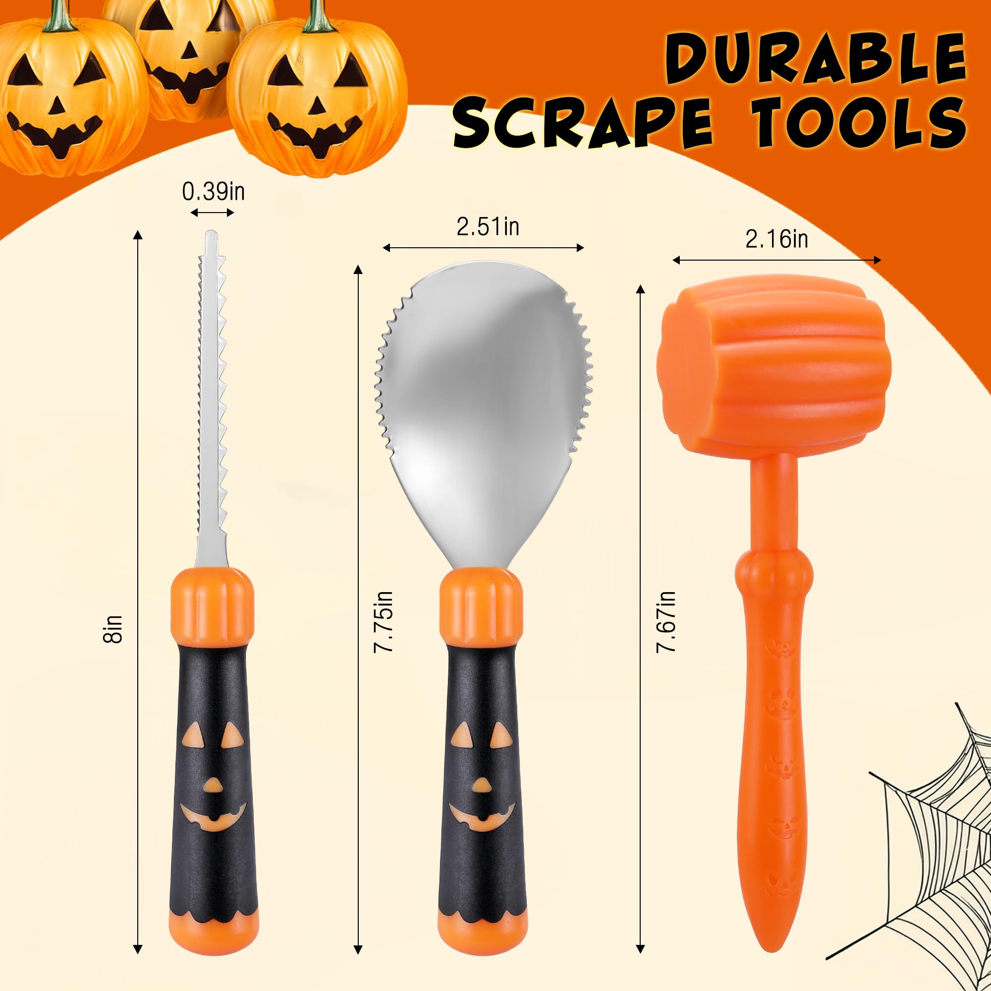 HAUSHOF 24PCS Halloween Pumpkin Carving Kit, Safe and Easy Pumpkin Carving Tools, Stainless Steel Pumpkin Carving Stencils for Halloween Jack-O-Lanterns, With Hammer & Camping Lantern