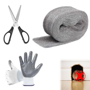 klfte steel wool for mice control, 3.2"x12 ft wool, gap filler for home & garage, diy bundle with gloves & scissors - 1 pack