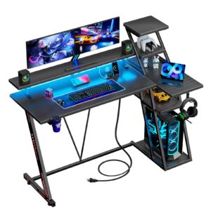 reversible corner gaming desk with led lights & power outlet, computer desk with extra storage shelves, small l shaped gamer workstations with monitor stand for bedroom, 39 inch, carbon fiber black