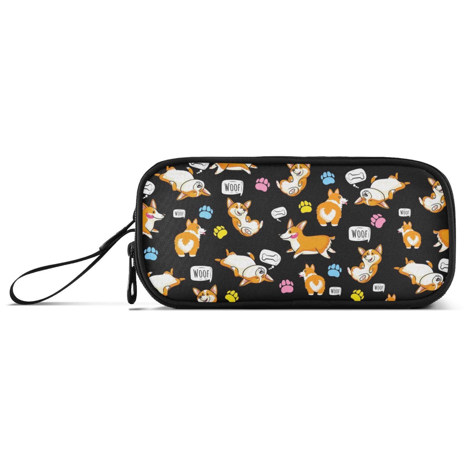 PJGINUIUA 3 Compartment Pencil Case Bag Big Capacity Pencil Pouch Happy Corgi Makeup Pouch Stationery Bag for School Teen Adults Girl Boy Men Women