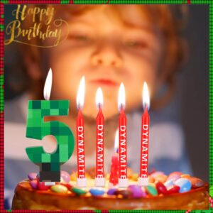 FUNCANDLE TNT Themed Birthday Candle Set,Dynamite 7 Candle with 12 Pieces Long Thin Candles,Happy 7th Birthday Candles,Dynamite Green Pixel Cake Candles for Boys Birthday Decoration Party Supplies