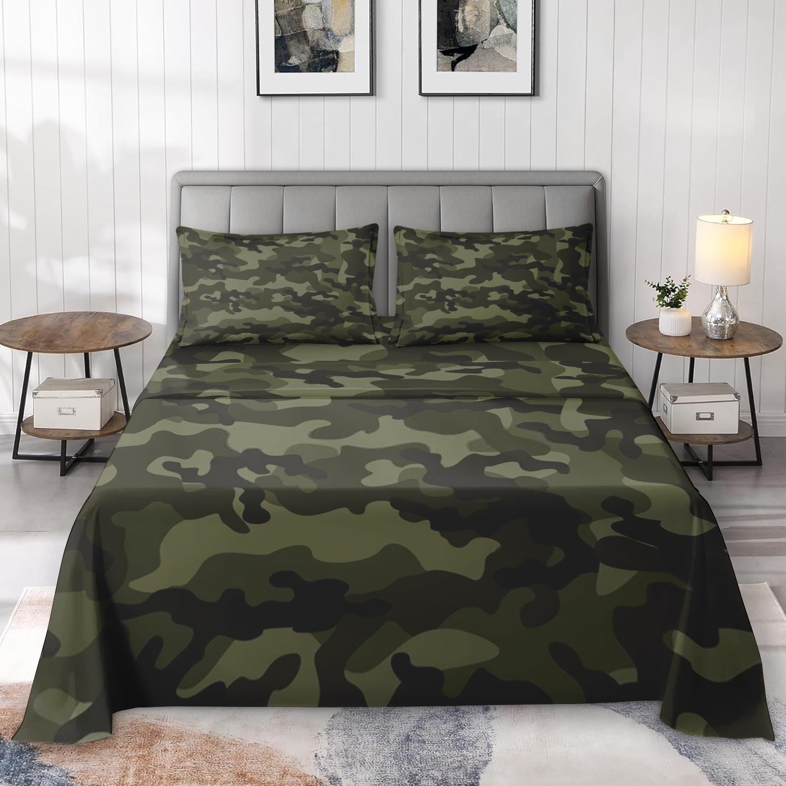 Pinbeam 4 Pcs Fitted Sheet Set Full Size with 16" Deep Pocket, Army Camouflage Camo Bedding Set with Pillowcases for Kids and Adults, Military French Green Flat Bed Sheet Set