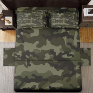 pinbeam 4 pcs fitted sheet set full size with 16" deep pocket, army camouflage camo bedding set with pillowcases for kids and adults, military french green flat bed sheet set