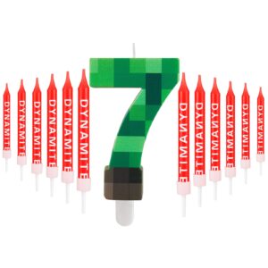 funcandle tnt themed birthday candle set,dynamite 7 candle with 12 pieces long thin candles,happy 7th birthday candles,dynamite green pixel cake candles for boys birthday decoration party supplies