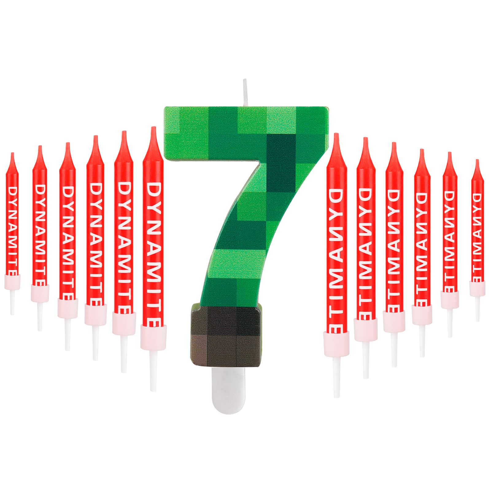 FUNCANDLE TNT Themed Birthday Candle Set,Dynamite 7 Candle with 12 Pieces Long Thin Candles,Happy 7th Birthday Candles,Dynamite Green Pixel Cake Candles for Boys Birthday Decoration Party Supplies