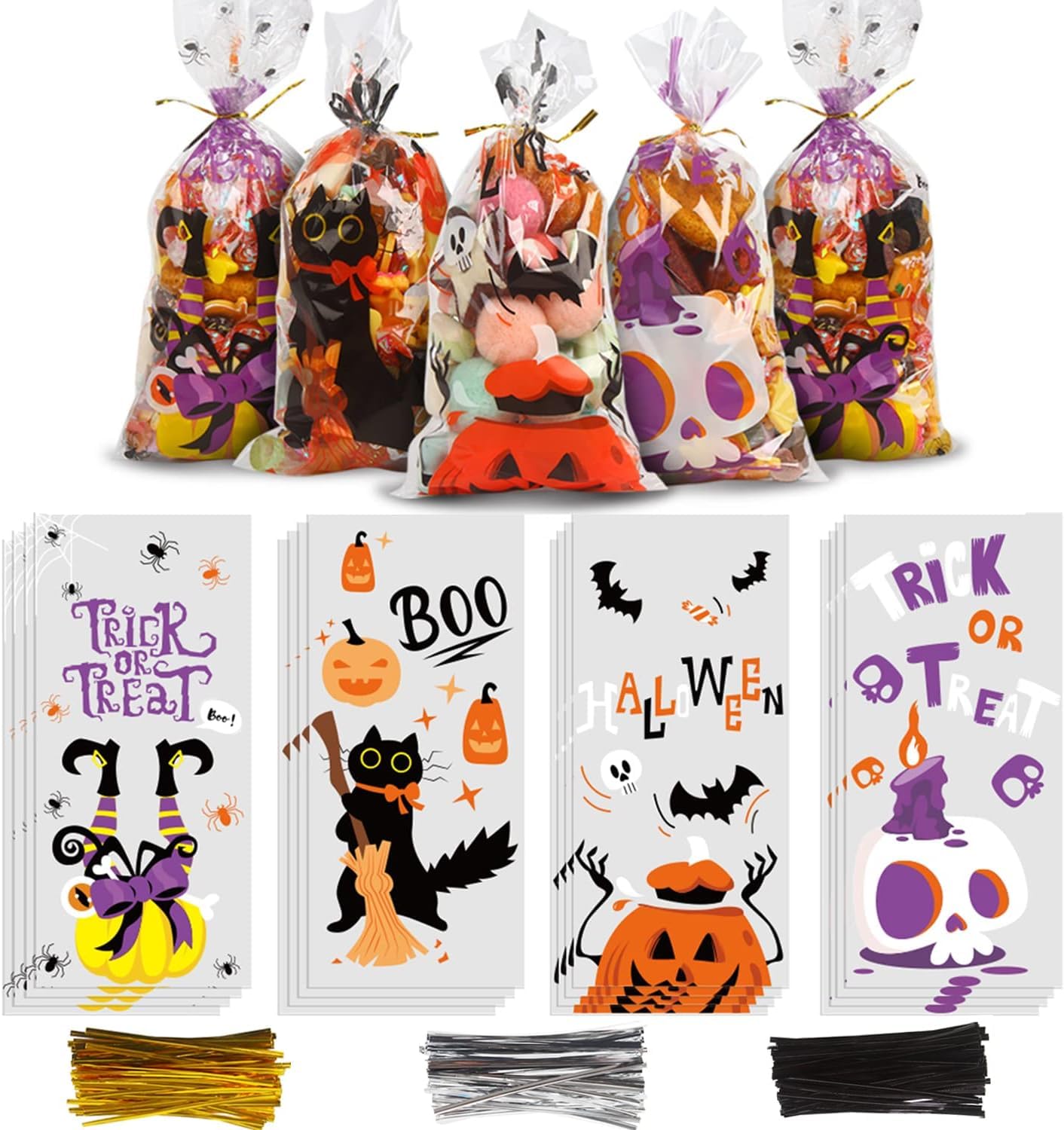 FOIMAS Halloween Cellophane Treat Bags,120pcs Halloween Cello Candy Treat Bags with Twisted Ties for Trick Or Treat Halloween Party Favor Supply