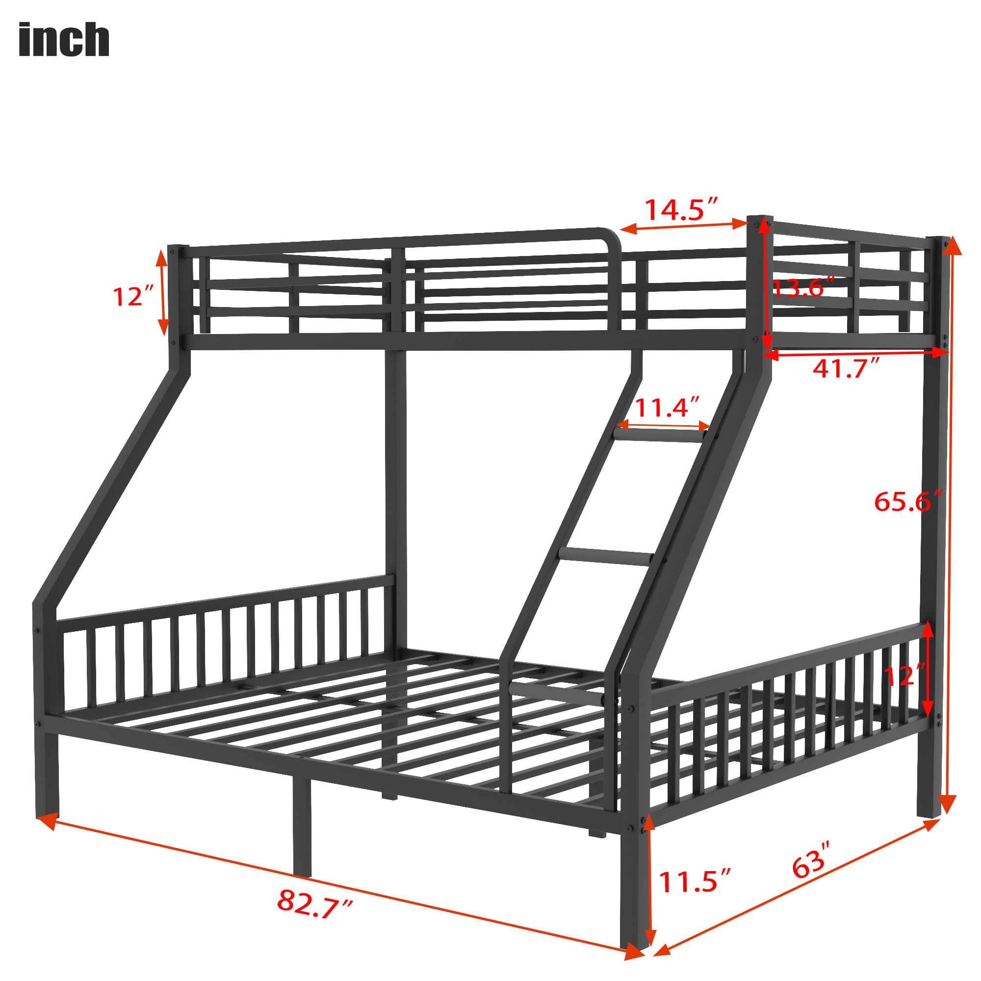 ATY Metal Twin XL Over Queen Bunk Bed with Ladder and Guardrail, Sturdy Bedframe w/Slat Support, for Kids's Bedroom, Dorm, No Spring Need Required, 82.7"x 70"x 65.6" (L x W x H), Black