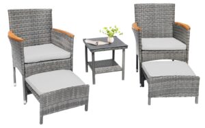 5 piece outdoor patio furniture set with table&ottoman outdoor furniture patio set bistro wicker patio set of 2 outside lawn chairs conversation sets for porch balcony deck(gray wicker&gray cushion)