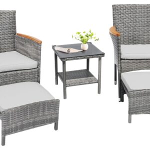 5 Piece Outdoor Patio Furniture Set with Table&Ottoman Outdoor Furniture Patio Set Bistro Wicker Patio Set of 2 Outside Lawn Chairs Conversation Sets for Porch Balcony Deck(Gray Wicker&Gray Cushion)