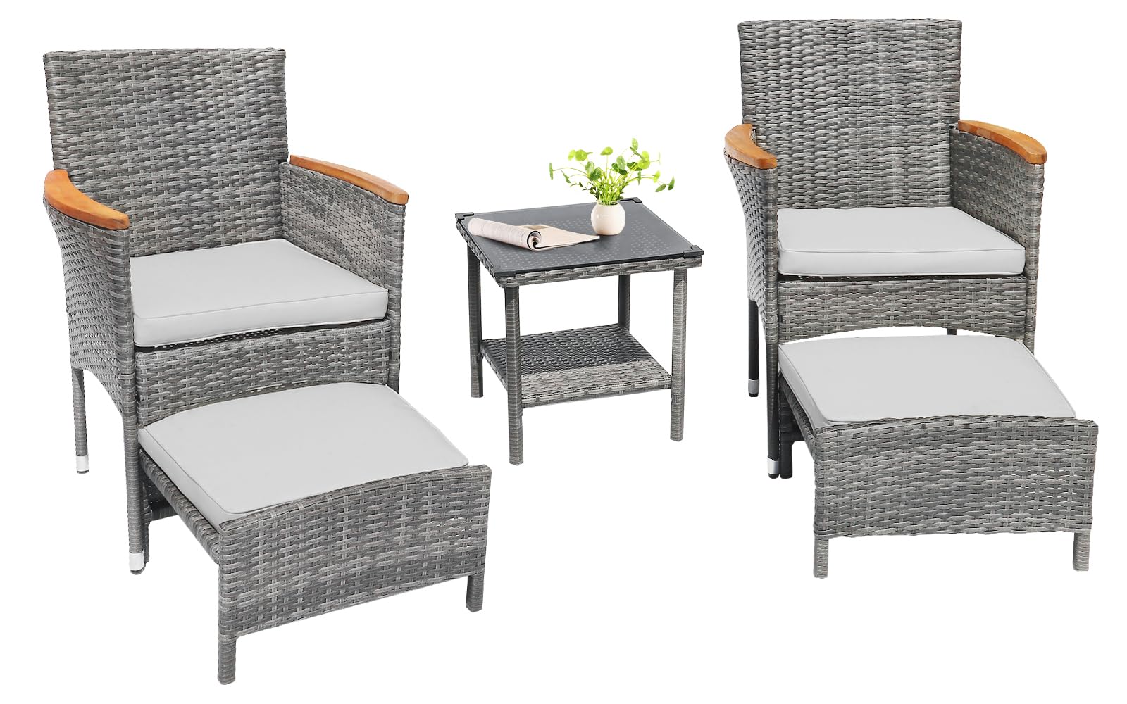 5 Piece Outdoor Patio Furniture Set with Table&Ottoman Outdoor Furniture Patio Set Bistro Wicker Patio Set of 2 Outside Lawn Chairs Conversation Sets for Porch Balcony Deck(Gray Wicker&Gray Cushion)