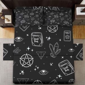 pinbeam 4 pcs fitted sheet set queen size with 16" deep pocket, witchy pagan tarot bedding set with pillowcases for kids and adults, galaxy dream witch flat bed sheet set