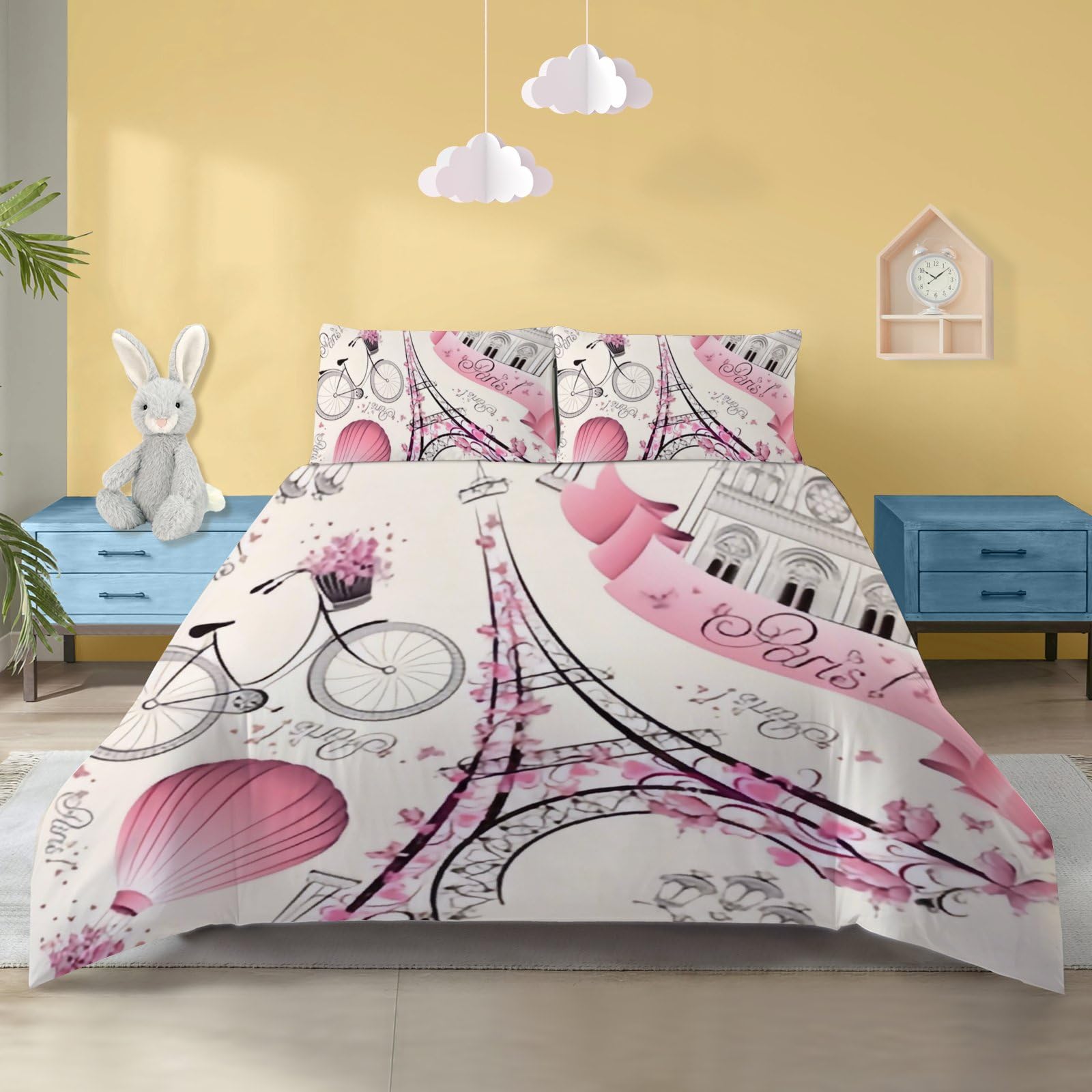 YULEEE Eiffel Tower Duvet Cover Queen Size - Pink Bedding Set, Bedroom Decor, Hot Air Balloon Quilt Cover with Zipper Closure, 3 Pcs Reversible Soft Comforter Cover Set