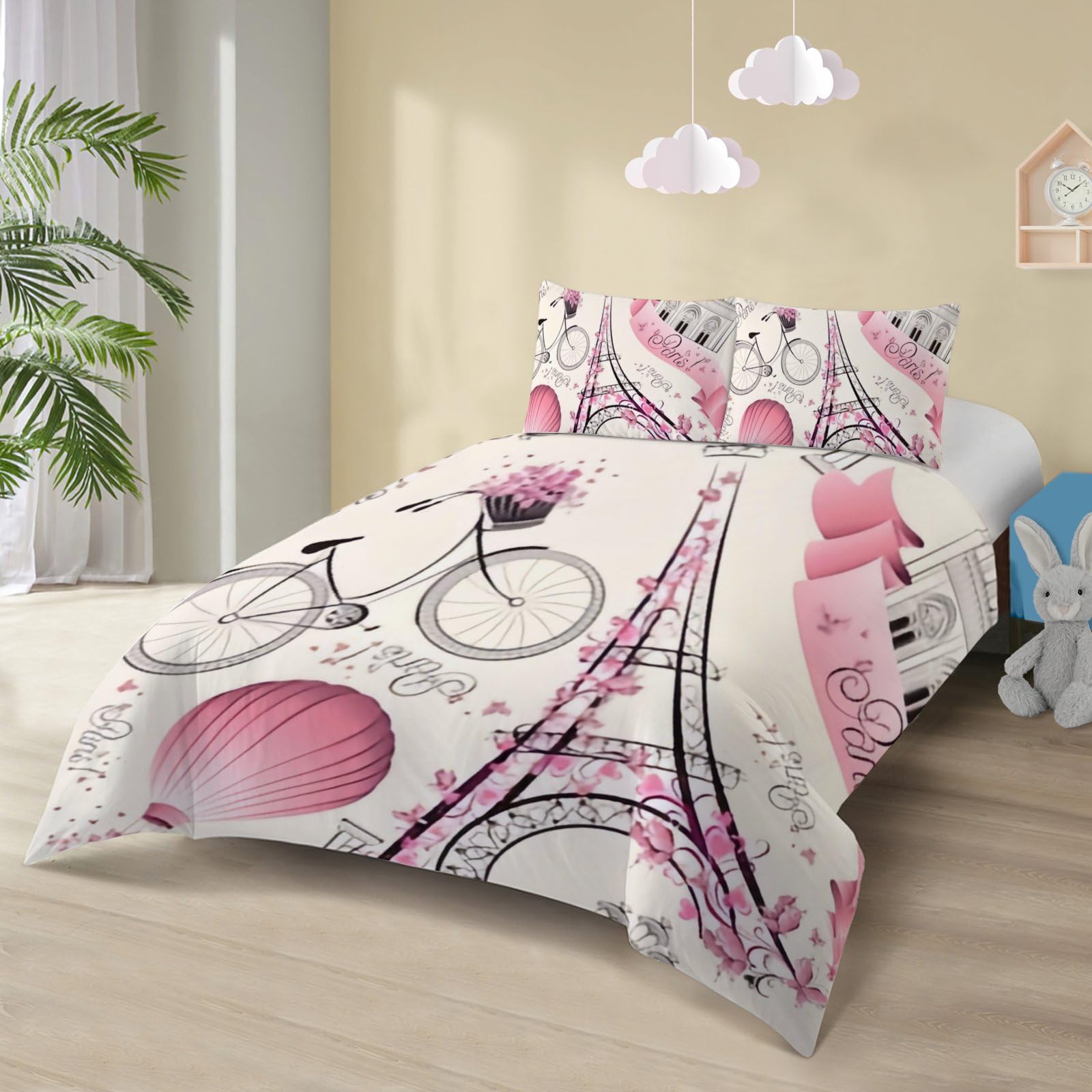 YULEEE Eiffel Tower Duvet Cover Queen Size - Pink Bedding Set, Bedroom Decor, Hot Air Balloon Quilt Cover with Zipper Closure, 3 Pcs Reversible Soft Comforter Cover Set