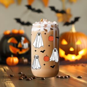 Coolife Funny Halloween Dog Ghost Cup, Cute Pumpkin Dog Iced Coffee Cup, 16oz Spooky Dog Tumbler Halloween Glass Cups w/Lids Straws, Boo Basket Stuffers, Halloween Gifts for Dog Lover, Dog Mom, Women