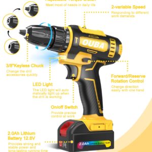 OUBA Cordless Drill Set, 12.8V Lithium Lon Power Drill Cordless with Battery and Charger, 2 Variable Speeds, 3/8" Keyless Chuck, 25+3 Torque Setting, Built-In LED, Electric Drills for Home (Yellow)