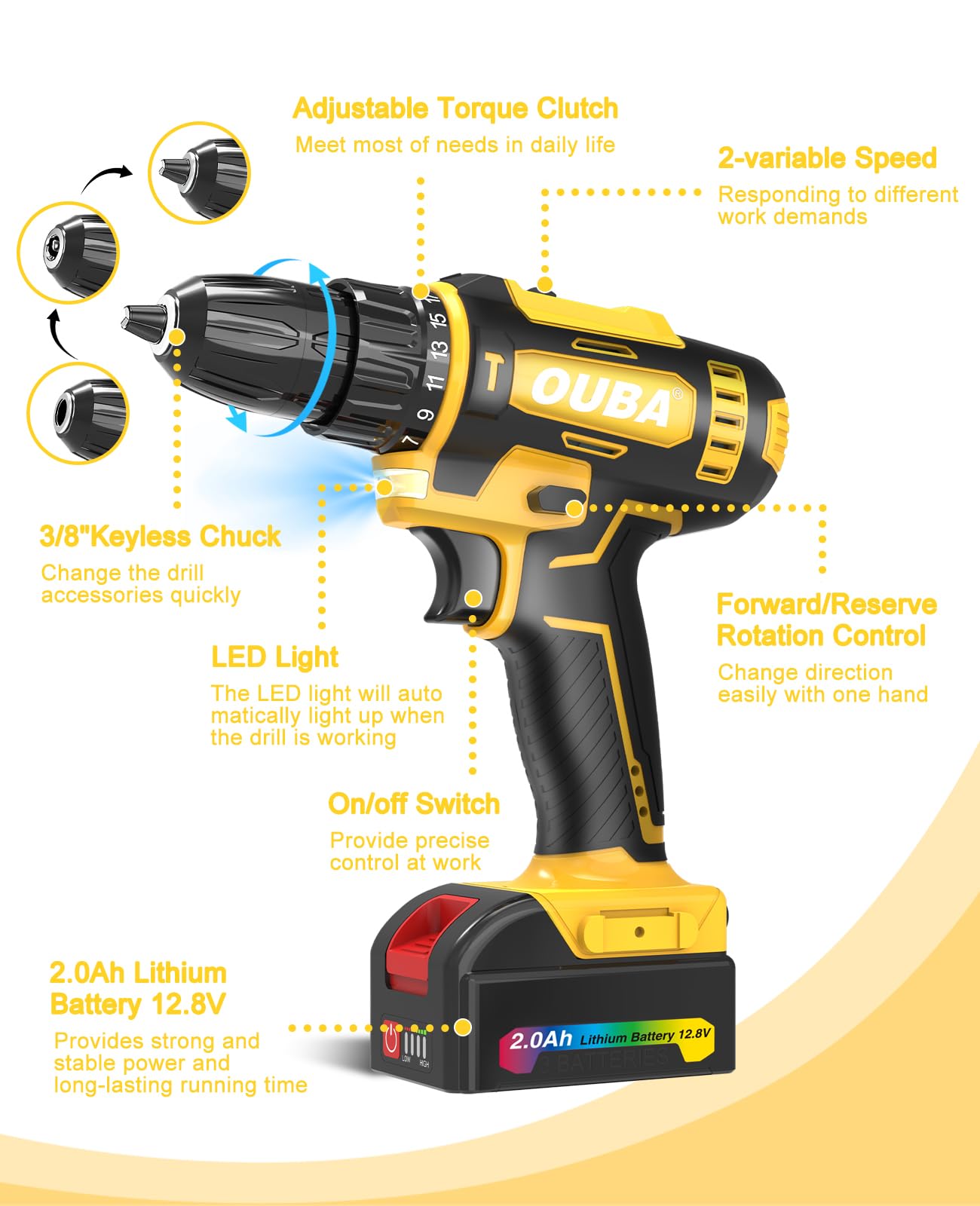 OUBA Cordless Drill Set, 12.8V Lithium Lon Power Drill Cordless with Battery and Charger, 2 Variable Speeds, 3/8" Keyless Chuck, 25+3 Torque Setting, Built-In LED, Electric Drills for Home (Yellow)