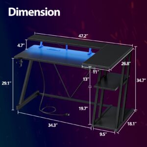 Korfile Reversible Gaming Desk with Power Outlet & LED Lights, Corner Computer Desk with 3 Tiers Storage Shelves, Home Office Desk with Monitor Stand for Small Space, 47 Inch Carbon Fiber Black