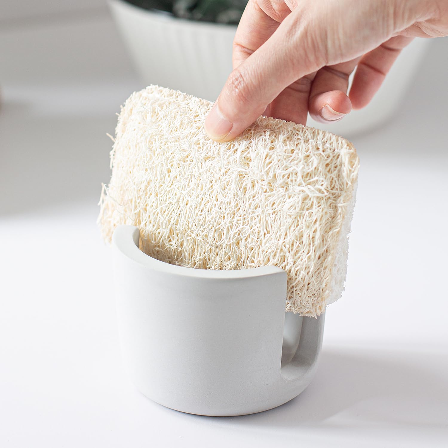 PENGARO Kitchen Sponge Holder for Sink, Diatomite Standing Dish Sponge Holder Cup, Ceramic Fast Drying Stone Sink Caddy Kitchen Sink Organizer for Kitchen Counter Decor Small Sink Caddy, Grey