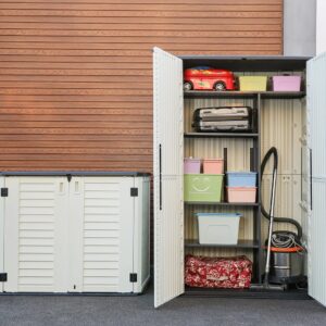 KINYING Outdoor Storage Cabinet,4 x 3.4 FT Outdoor Storage Shed with Lockable Doors, All-Weather Resin Shed for Trash Cans, Garden Tools,26 Cubic Feet,Off White