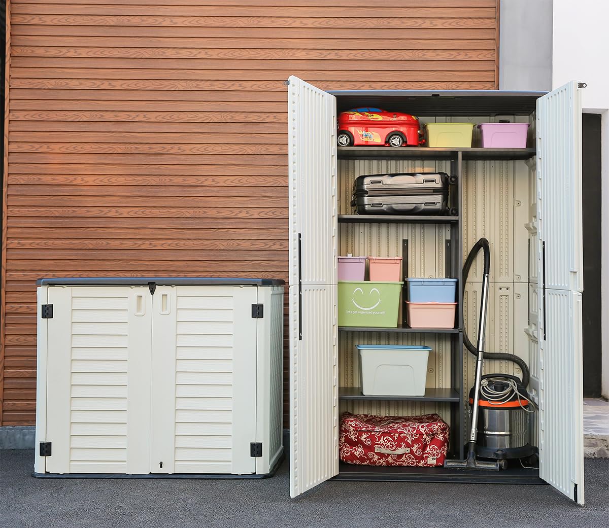 KINYING Outdoor Storage Cabinet,4 x 3.4 FT Outdoor Storage Shed with Lockable Doors, All-Weather Resin Shed for Trash Cans, Garden Tools,26 Cubic Feet,Off White