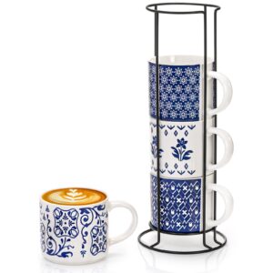 eorbow 4 pack ceramic coffee mug set with rack, 16 oz stackable cappuccino cups with metal stand, blue and white porcelain tea mugs for latte, americano, milk, hot cocoa, beverages, microwave safe