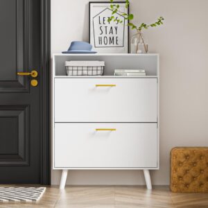 SINROM Shoe Cabinet for Entryway, Slim Shoe Storage Cabinet with 2 Flip Drawers, Freestanding Shoe Organizer with Open Shelf for Hallway, White