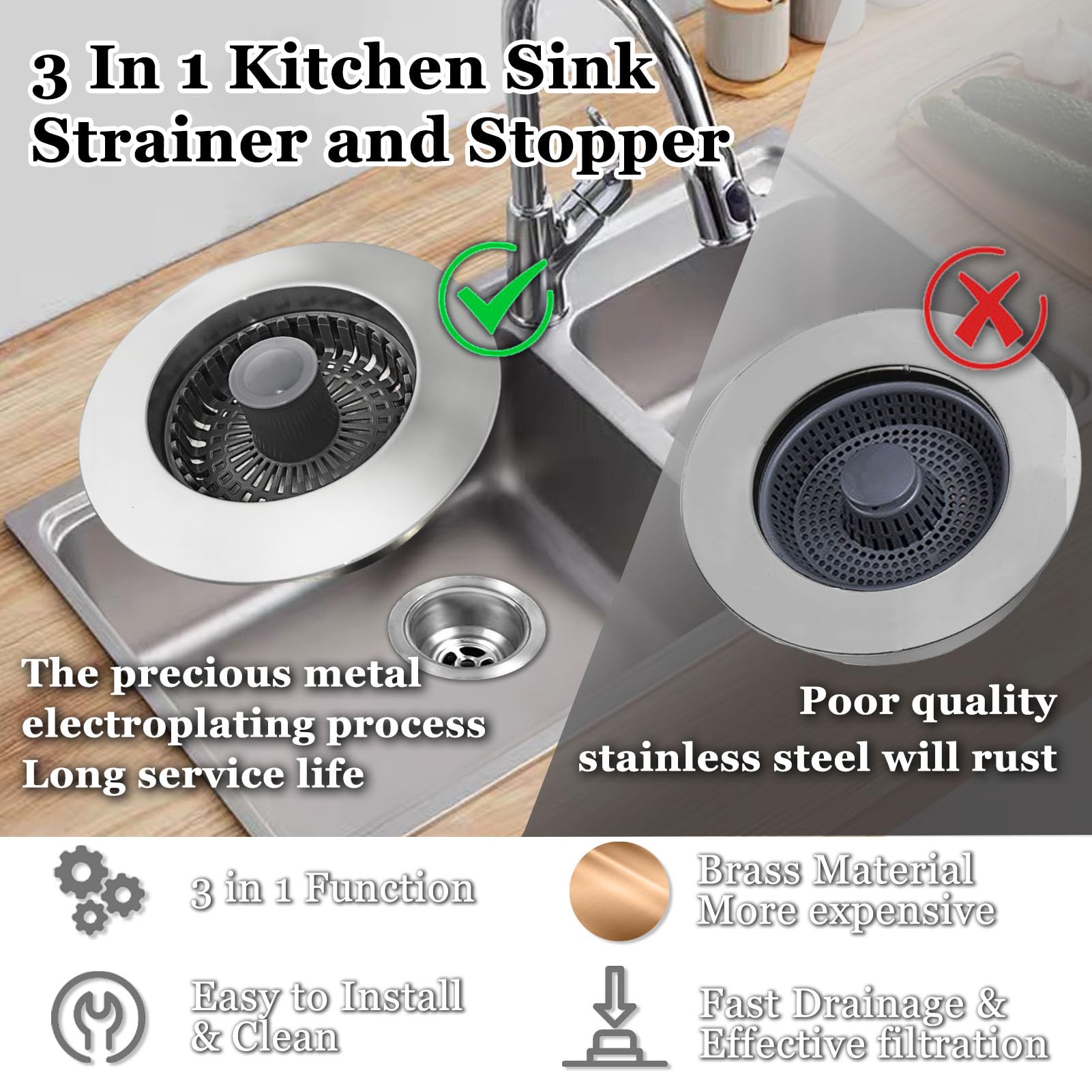 BAOLSLS 3 in 1 Kitchen Sink Stopper, Pop Up Kitchen Sink Drain Strainer, with An Extra Basket Strainer, Kitchen Sink Drain Stopper for US Standard 3-1/2 Inch, Brass Material Electroplate Silver