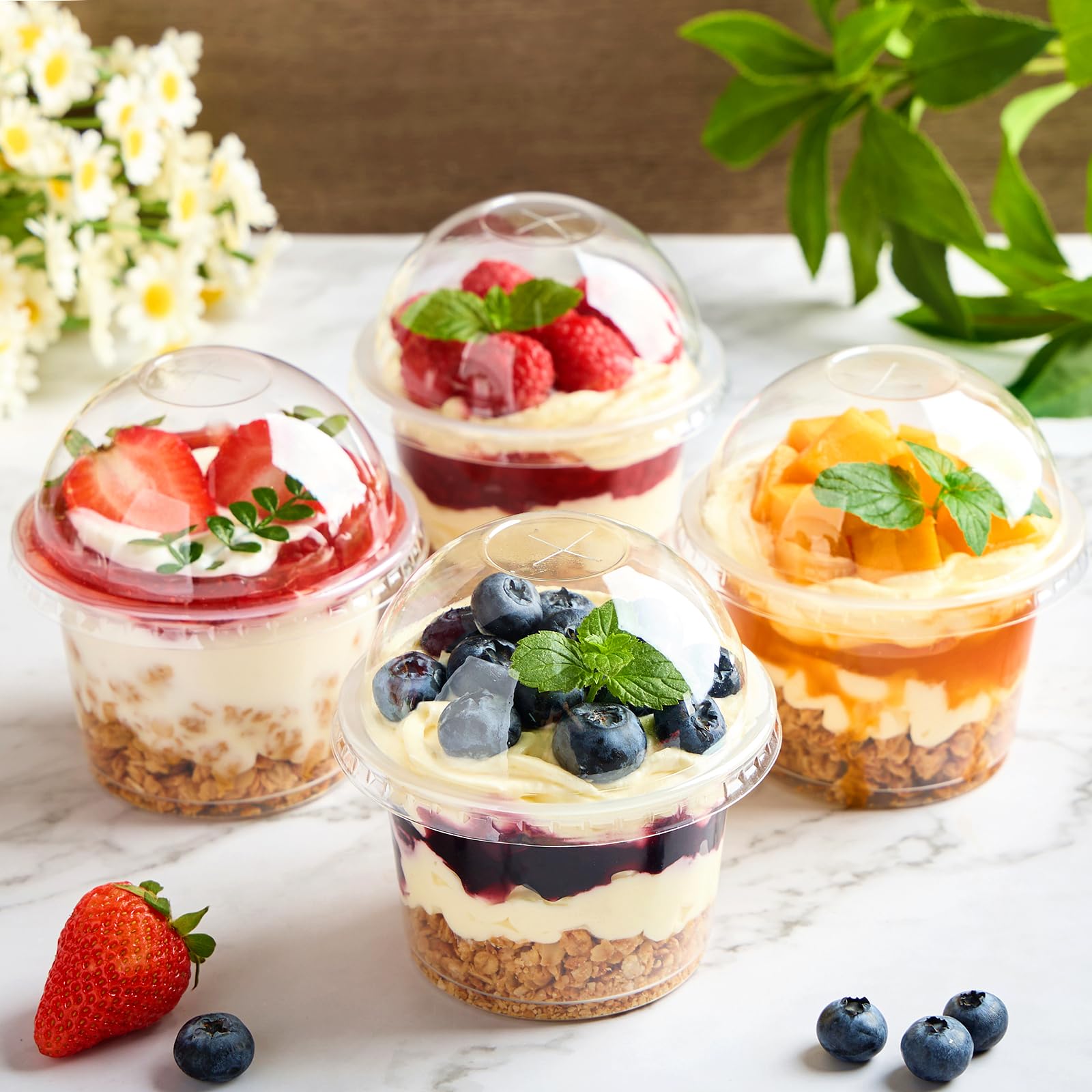 TOFLEN 50 Pack 8 oz Plastic Dessert Cups with Dome Lids, Clear Disposable Yogurt Parfait Cups with Lids, Individual Party Serving Snack Cups for Fruit Dessert Cake Pudding