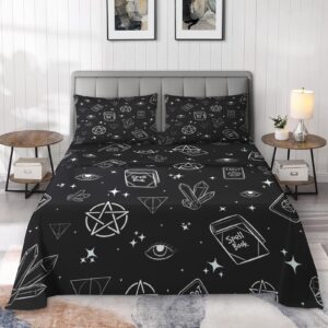 Pinbeam 4 Pcs Fitted Sheet Set Queen Size with 16" Deep Pocket, Witchy Pagan Tarot Bedding Set with Pillowcases for Kids and Adults, Galaxy Dream Witch Flat Bed Sheet Set