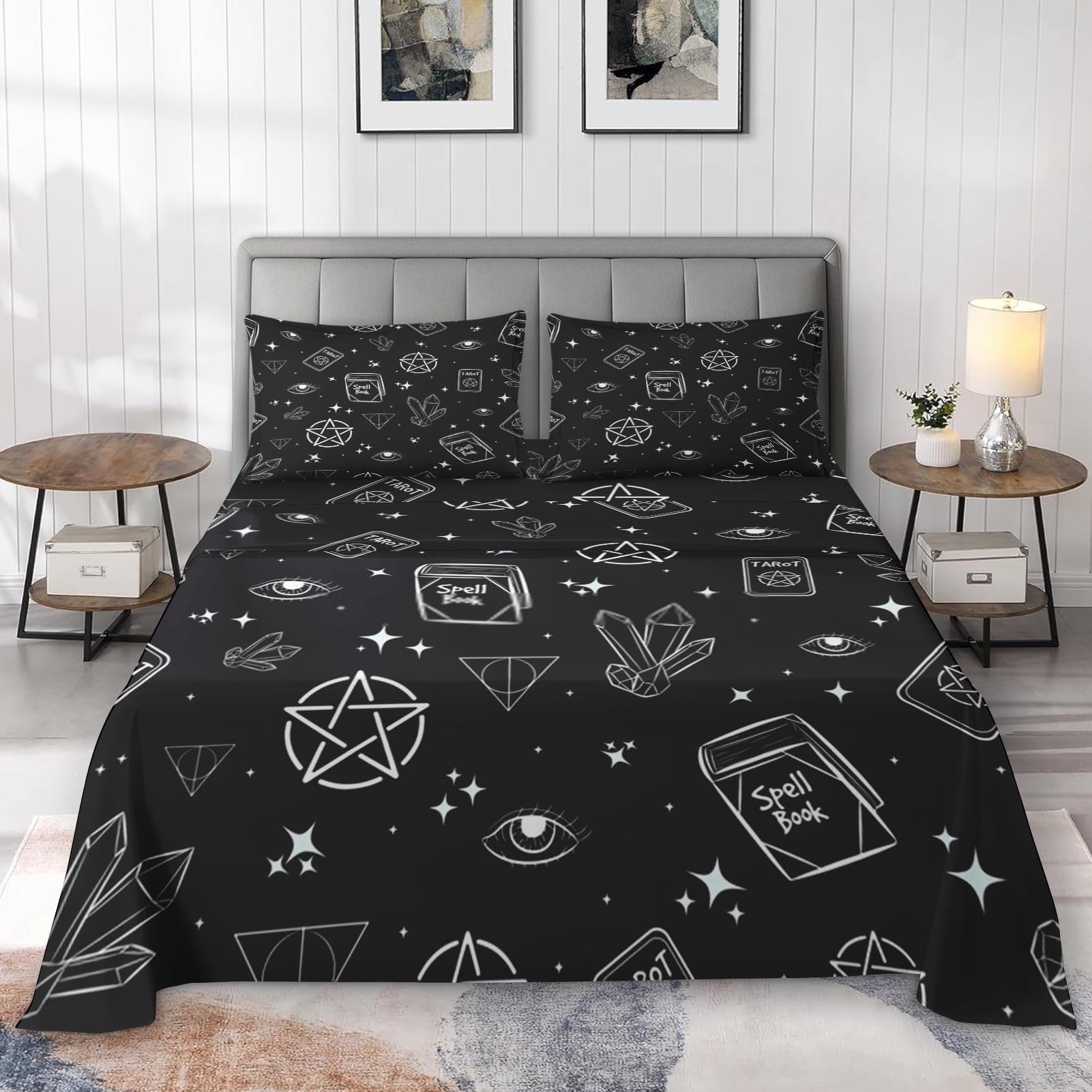 Pinbeam 4 Pcs Fitted Sheet Set Queen Size with 16" Deep Pocket, Witchy Pagan Tarot Bedding Set with Pillowcases for Kids and Adults, Galaxy Dream Witch Flat Bed Sheet Set