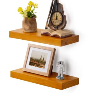 fun memories wood floating shelves set of 2, rustic pine wood floating shelves for wall mounting, wide wall shelves for home decor and storage, 16" w x 7" d, honey oak