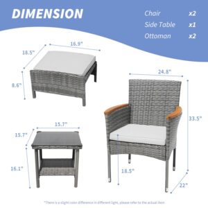 5 Piece Outdoor Patio Furniture Set with Table&Ottoman Outdoor Furniture Patio Set Bistro Wicker Patio Set of 2 Outside Lawn Chairs Conversation Sets for Porch Balcony Deck(Gray Wicker&Gray Cushion)