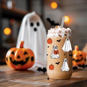 Coolife Funny Halloween Dog Ghost Cup, Cute Pumpkin Dog Iced Coffee Cup, 16oz Spooky Dog Tumbler Halloween Glass Cups w/Lids Straws, Boo Basket Stuffers, Halloween Gifts for Dog Lover, Dog Mom, Women